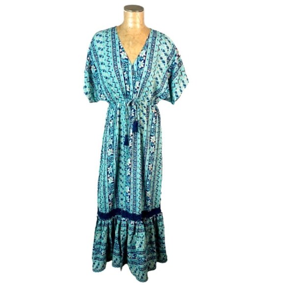 Boemo BOHO Floral Maxi Dress Button-Up Ruffle Hem Tassel Tie Sz M #236D - Picture 1 of 9